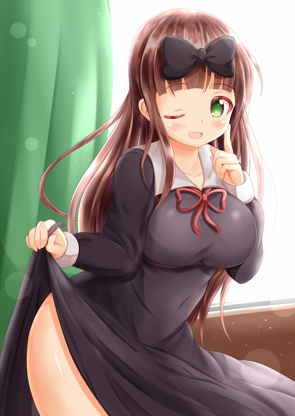 1girl, ;d, backlighting, black_bow, black_dress, blush, bow, breasts