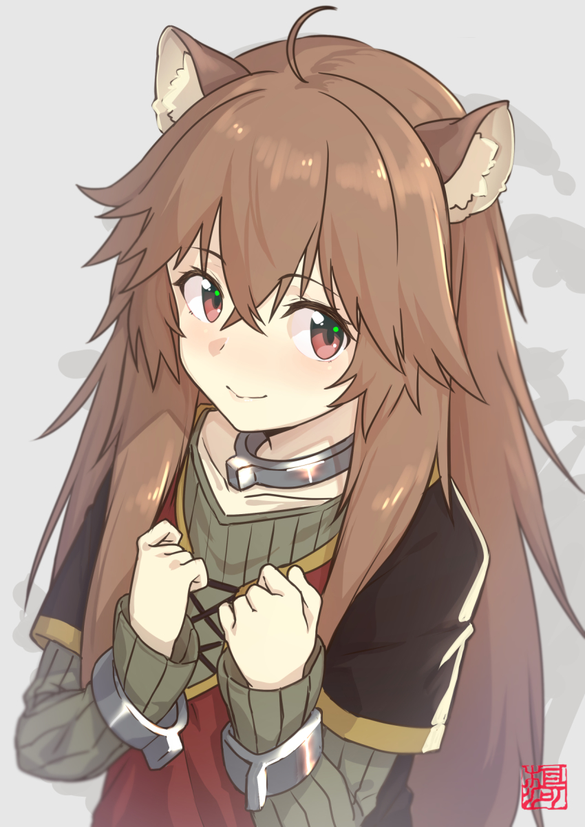 1girl, ahoge, animal_ears, blush, brown_hair, clenched_hand, closed_mouth, collar, cuffs, female_focus, goemon1110, green_shirt, hair_between_eyes, hair_flaps, highres, layered_sleeves, long_hair, long_sleeves, looking_at_viewer, nose_blush, raccoon_ears, raccoon_girl, raphtalia, ribbed_shirt, shirt, short_over_long_sleeves, short_sleeves, smile, solo, tail, tate_no_yuusha_no_nariagari
