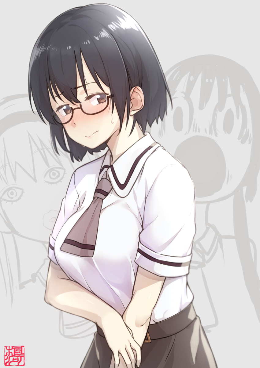 asobi_asobase, black_hair, black_skirt, blush, breasts, brown_eyes, glasses, goemon1110