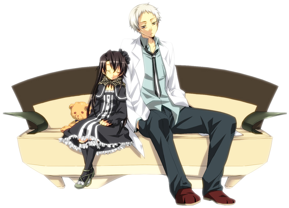 00s, 1boy, 1girl, akiduki_(edss), akizuki_(edss), black_hair, blue_eyes, brother_and_sister, couch, frills, goth_fashion, gothic_lolita, katou_hisataka, kizaki_emi, kurogane_no_linebarrel, lab_coat, lolita_fashion, long_hair, necktie, shirt, siblings, sleeping, stuffed_animal, stuffed_toy, teddy_bear, white_hair