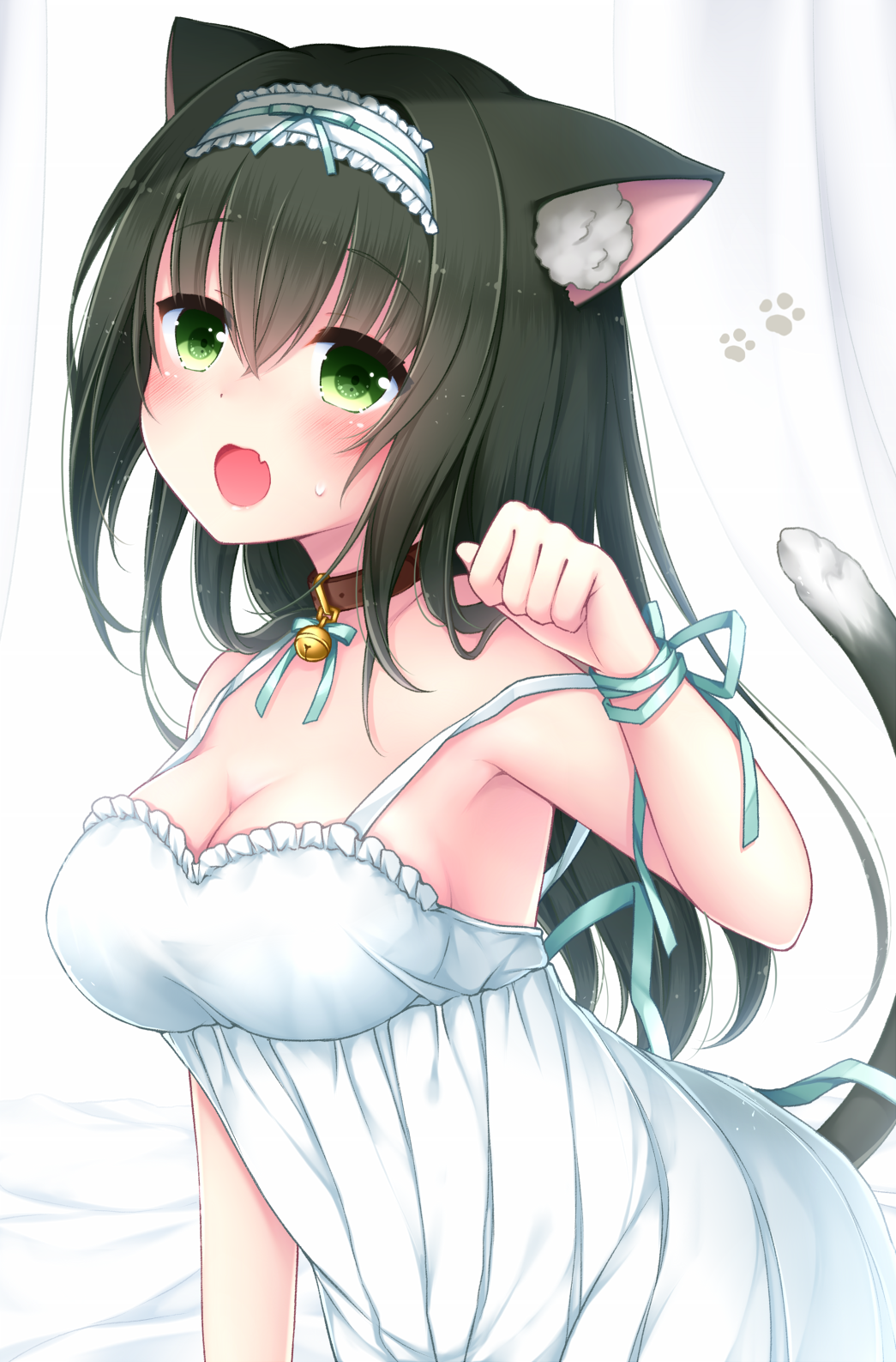 1girl, :o, animal_ear_fluff, animal_ears, bare_shoulders, bell, black_hair, blue_ribbon
