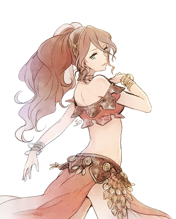 1girl, bare_shoulders, bracelet, brown_hair, chizu_(fiute), cowboy_shot, dancer, female_focus, green_eyes, hairband, jewelry, long_hair, looking_back, midriff, octopath_traveler, octopath_traveler_i, parted_lips, ponytail, primrose_azelhart, simple_background, solo, strapless, tube_top, white_background