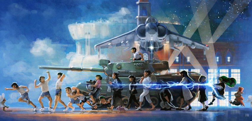 1980s_(style), aircraft, airplane, bikini, brown_hair, chibi, day, everyone, fmu, fujinami_ryuunosuke, green_hair, jet, lum, megane_(urusei_yatsura), mendou_shuutarou, military, military_vehicle, miyake_shinobu, moroboshi_ataru, motor_vehicle, multiple_boys, multiple_girls, oldschool, retro_artstyle, ryuunosuke's_father, sakura_(urusei_yatsura), school_uniform, swimsuit, tagme, tank, ten_(urusei_yatsura), urusei_yatsura, vehicle_request