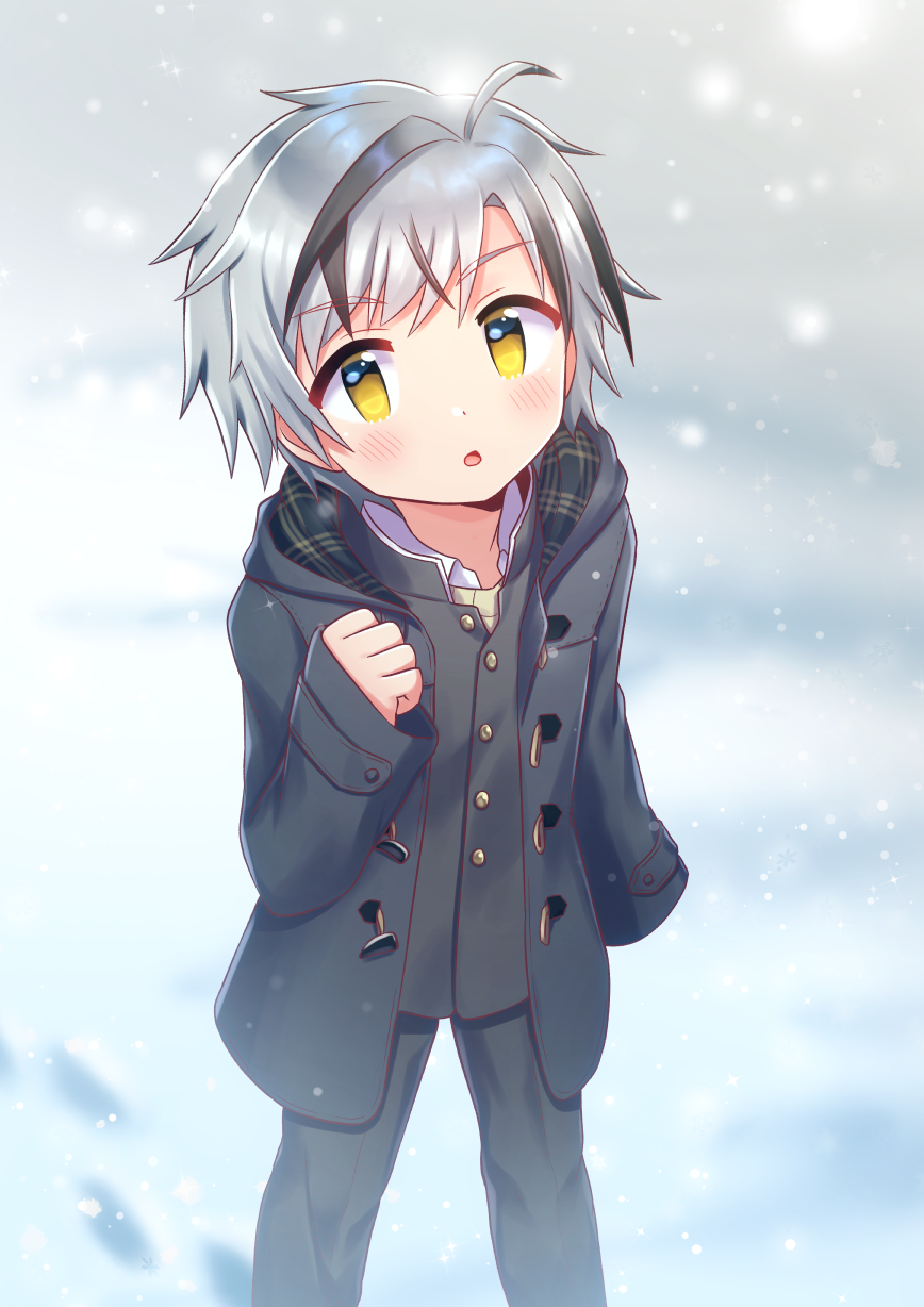 1boy, black_hair, blush, coat, grey_hair, highres, hoshimelon, looking_at_viewer, male_focus, multicolored_hair, nijisanji, snow, solo, suzuki_masaru, suzuki_masaru_(school_uniform), two-tone_hair, virtual_youtuber, winter, yellow_eyes