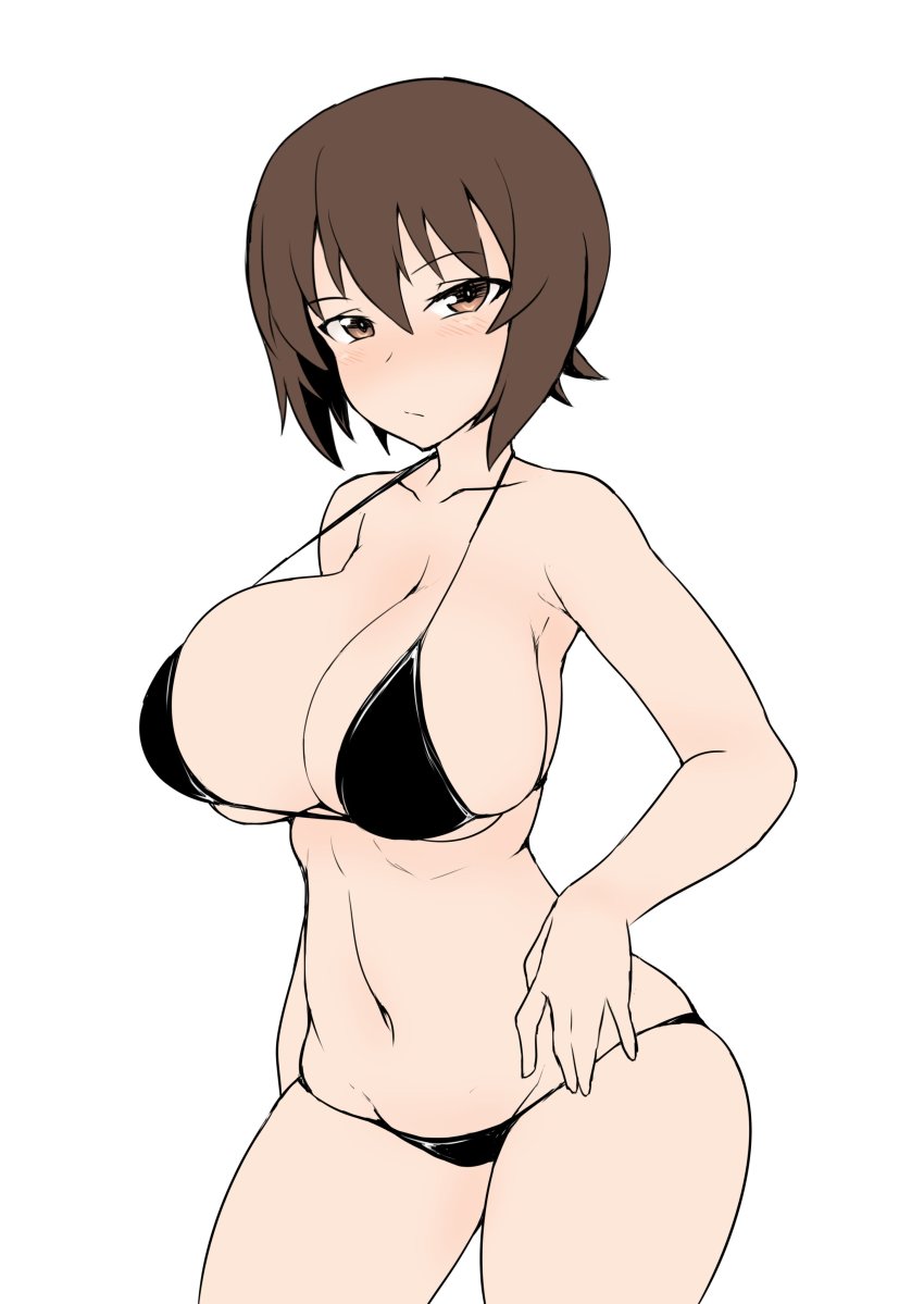 1girl, absurdres, alternate_breast_size_(larger), bikini, black_bikini, blush, breasts, brown_eyes, brown_hair, cleavage, closed_mouth, commentary, cowboy_shot, curvy, eyes_visible_through_hair, female_focus, frown, girls_und_panzer, groin, half-closed_eyes, highres, large_breasts, looking_at_viewer, lowleg, lowleg_bikini, navel, navel_hair, nishizumi_maho, shanaharuhi, short_hair, simple_background, skindentation, solo, standing, swimsuit, thighs, thong, thong_bikini, white_background, wide_hips