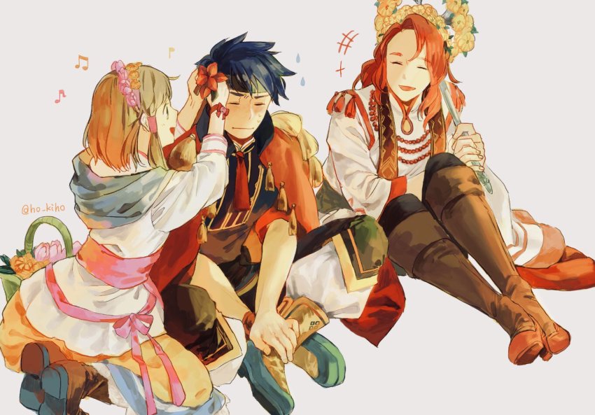 1boy, 2girls, basket, bead_necklace, beads, blue_hair, boots, brother_and_sister