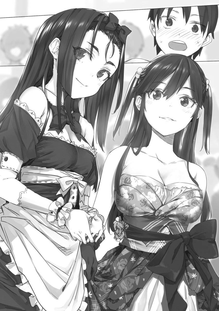 1boy, 2girls, apron, blush, bow, breasts, buriki, cleavage