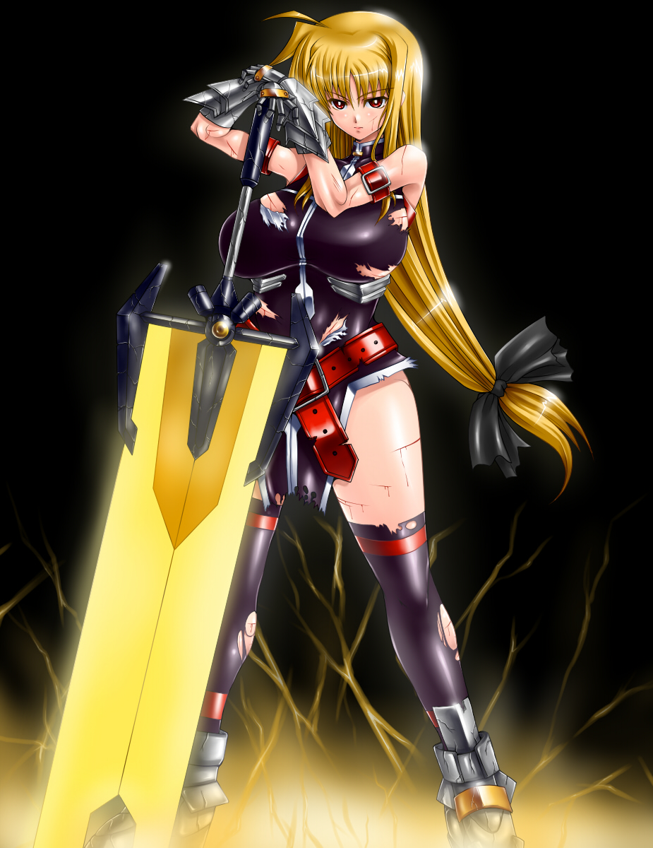 00s, 1girl, bardiche_(nanoha), bardiche_(zanber_form)_(nanoha), bleeding, blonde_hair, blood, energy_sword
