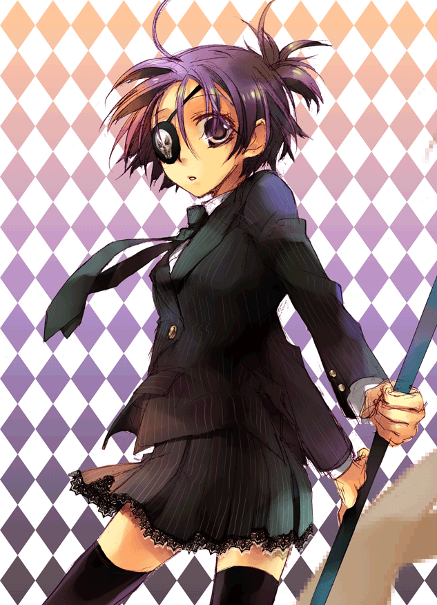 00s, 1girl, ahoge, black_necktie, black_thighhighs, chrome_dokuro, cowboy_shot, eyepatch