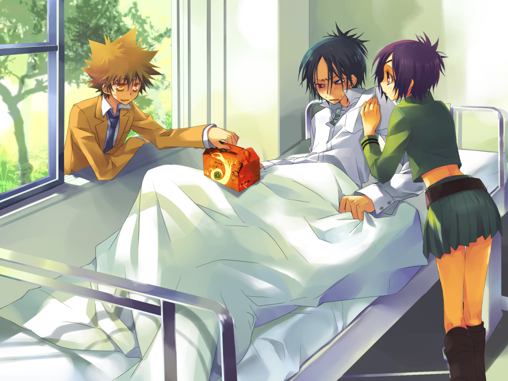 00s, 1girl, 2boys, bed, belt, blue_hair, boots, brown_hair, chrome_dokuro, eyepatch, hospital, hospital_bed, indoors, katekyo_hitman_reborn!, medical, midriff, miniskirt, multiple_boys, natsume_(1-pico), necktie, pleated_skirt, purple_hair, rokudou_mukuro, sawada_tsunayoshi, short_hair, skirt, tree