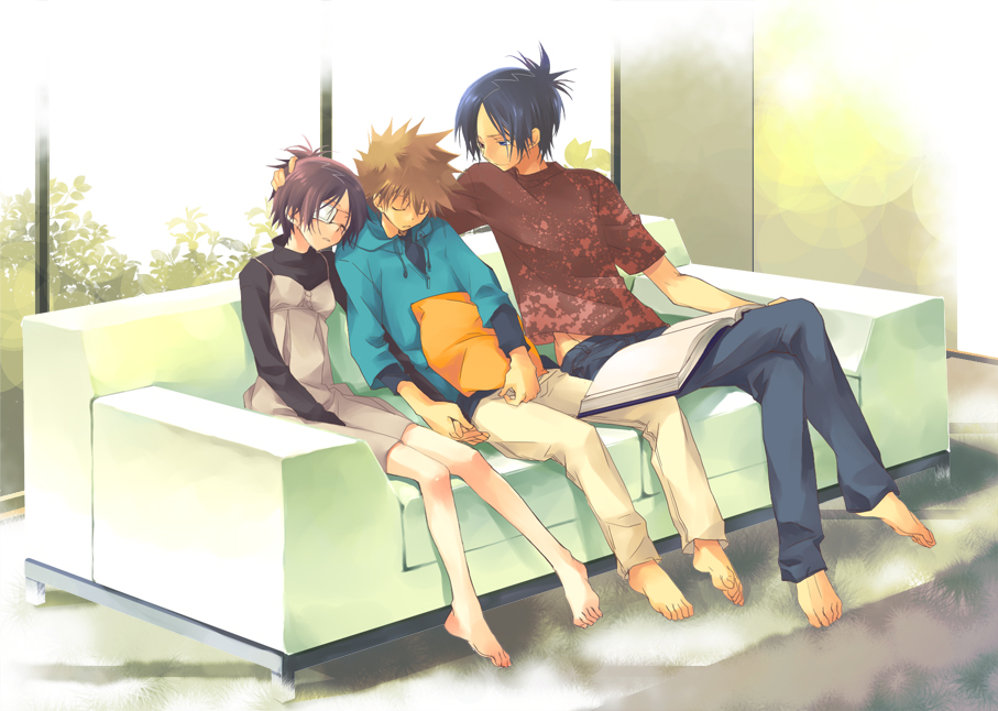 00s, 1girl, 2boys, barefoot, book, chrome_dokuro, eyepatch, feet, katekyo_hitman_reborn!, multiple_boys, natsume_(1-pico), rokudou_mukuro, sawada_tsunayoshi, sleeping