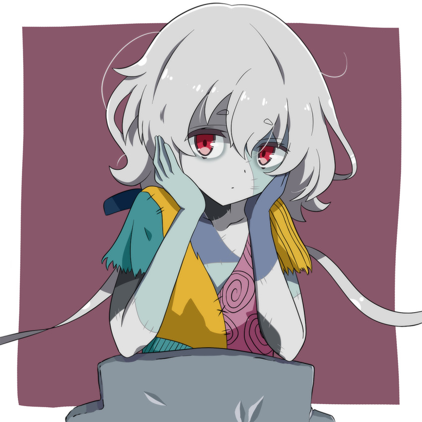 1girl, cosplay, female_focus, hands_on_own_face, highres, konno_junko, patchwork_skin, red_eyes