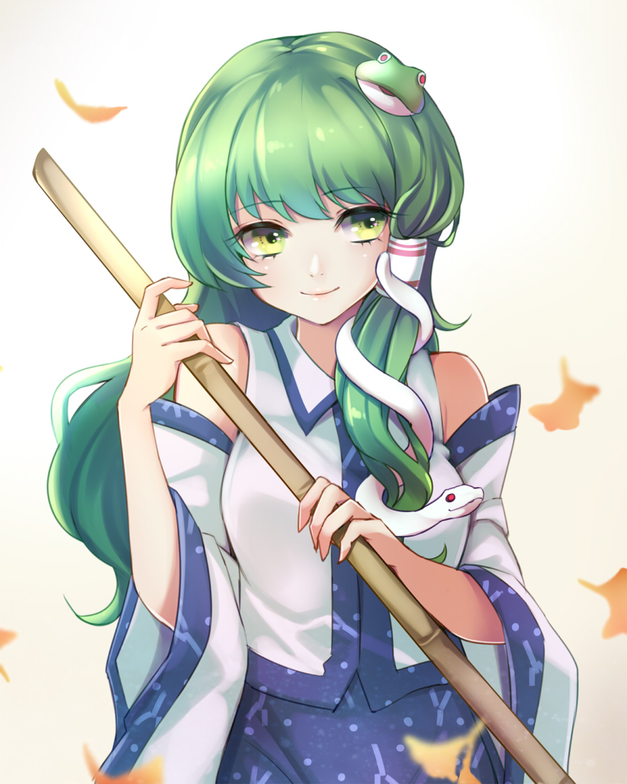 1girl, autumn_leaves, blue_skirt, breasts, broom, collared_shirt, cowboy_shot, detached_sleeves