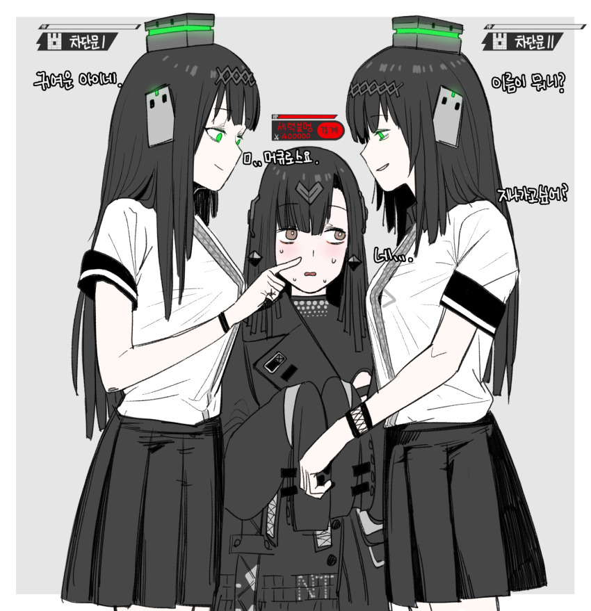 3girls, bad_id, bad_pixiv_id, black_dress, black_hair, black_skirt, breasts, brown_eyes, closed_mouth, collared_shirt, cowboy_shot, dress, girl_sandwich, girls'_frontline, green_eyes, grey_background, hair_ornament, hairband, headgear, highres, huqu, long_hair, long_sleeves, multiple_girls, nyto_(girls'_frontline), mercurows_(girls'_frontline), open_mouth, paradeus, pleated_skirt, sandwiched, shirt, short_sleeves, simple_background, skirt, sleeves_past_fingers, sleeves_past_wrists, smile, standing, translation_request, white_shirt