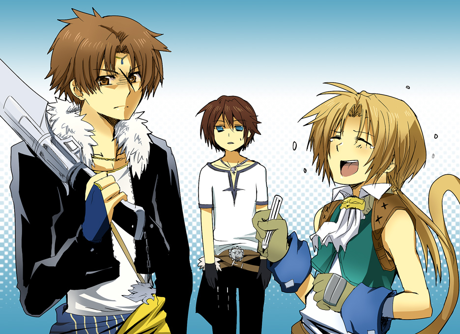 3boys, angry, bartz_klauser, cosplay, costume_switch, dissidia_final_fantasy, final_fantasy, final_fantasy_ix