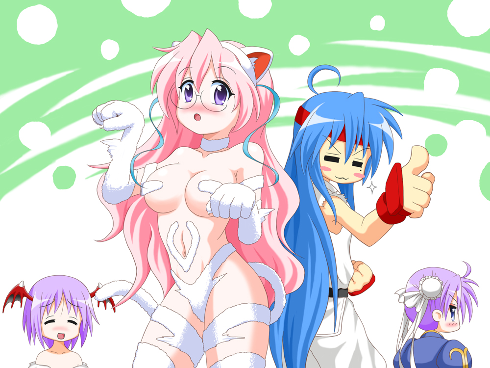 4girls, =_=, animal_ears, animal_hands, blush, breasts, bun_cover, capcom, cat_ears, cat_tail, chun-li, chun-li_(cosplay), cosplay, darkstalkers, demon_girl, felicia_(darkstalkers)_(cosplay), felicia_(darkstalkers), fur, glasses, gloves, head_wings, headband, hiiragi_kagami, hiiragi_tsukasa, hiro_yoshinaka, izumi_konata, large_breasts, lilith_(darkstalkers), lilith_(darkstalkers)_(cosplay), long_hair, lucky_star, mole, mole_under_eye, multiple_girls, pink_hair, purple_eyes, purple_hair, ryu_(cosplay), ryu_(street_fighter), ryu_(street_fighter)_(cosplay), siblings, simple_background, sisters, street_fighter, tail, takara_miyuki, thighhighs, twins, wings