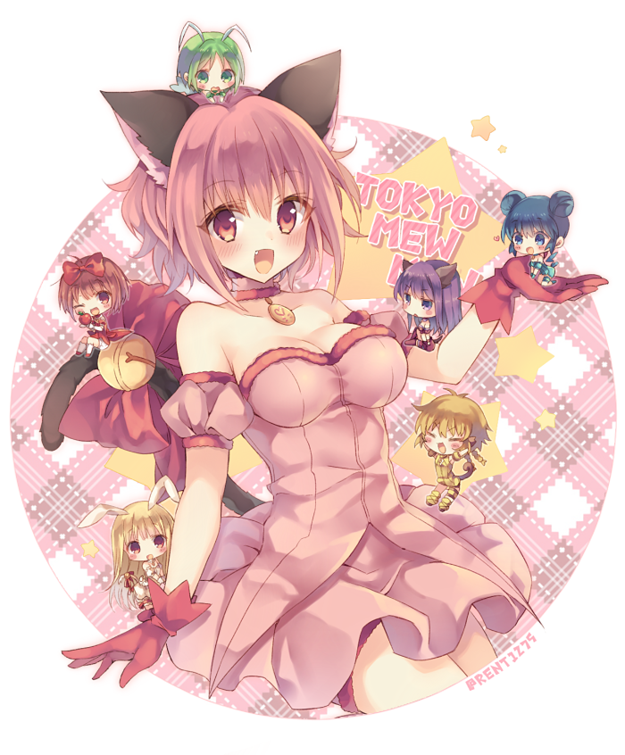 6+girls, ahoge, aizawa_mint, akai_ringo_(tokyo_mew_mew), animal_ears, antenna_hair, apple, arm_garter, bare_shoulders, bell, blonde_hair, blue_eyes, blue_hair, blush, bow, breasts, brown_eyes, brown_hair, cat_ears, cat_tail, chibi, choker, circle, cleavage, closed_eyes, collarbone, copyright_name, double_bun, dress, facing_viewer, fang, female_focus, fong_pudding, food, frilled_thigh_strap, fruit, fujiwara_zakuro, gloves, green_eyes, green_hair, hair_bow, hair_bun, holding, holding_food, horns, jewelry, large_breasts, looking_at_another, looking_at_viewer, magical_girl, mew_berry, mew_ichigo, mew_lettuce, mew_mint, mew_pudding, mew_ringo, mew_zakuro, midorikawa_lettuce, momomiya_ichigo, multiple_girls, off-shoulder_dress, off_shoulder, open_mouth, outside_border, pendant, purple_eyes, purple_hair, rabbit_ears, red_bow, red_dress, red_eyes, red_gloves, red_hair, rento_(rukeai), shirayuki_berry, short_hair, smile, tail, tail_bell, tail_bow, tail_ornament, thigh_strap, tokyo_mew_mew, tokyo_mew_mew_a_la_mode, twitter_username, white_background