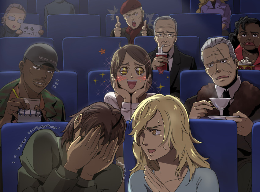 +_+, 4girls, 6+boys, big_boss, black_eyes, black_hair, blonde_hair, blush