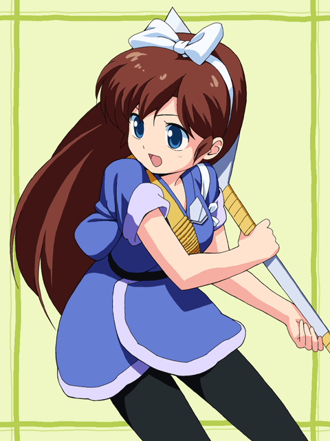 bad_id, bad_pixiv_id, blue_eyes, bow, brown_hair, c-lop, kuonji_ukyou, long_hair, oversized_object, ranma_1/2, solo, spatula