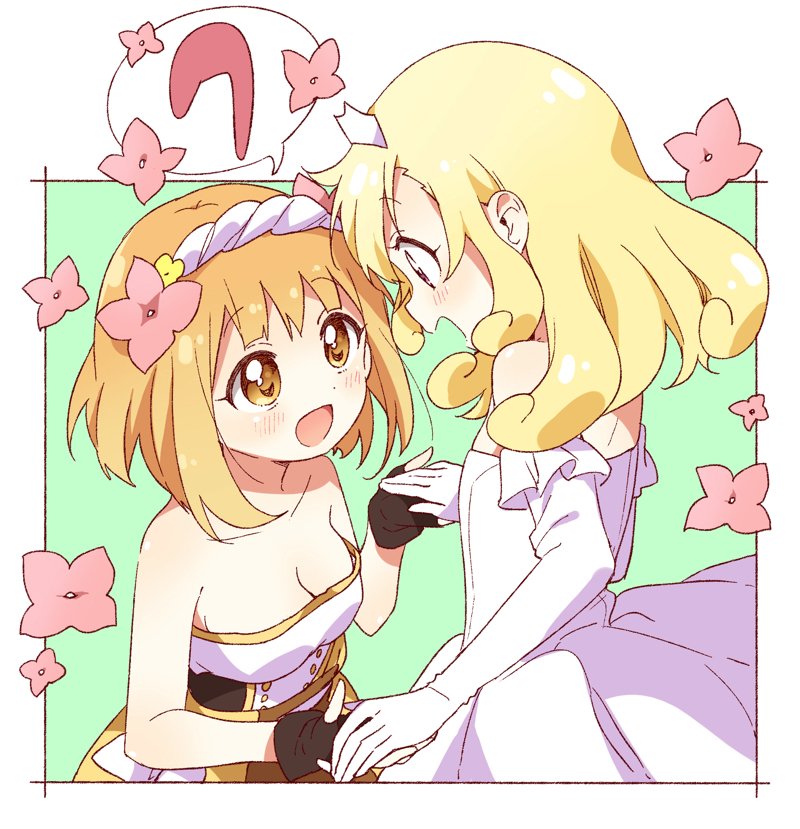 2girls, bare_shoulders, blonde_hair, blush, breasts, brown_eyes, cleavage, collarbone