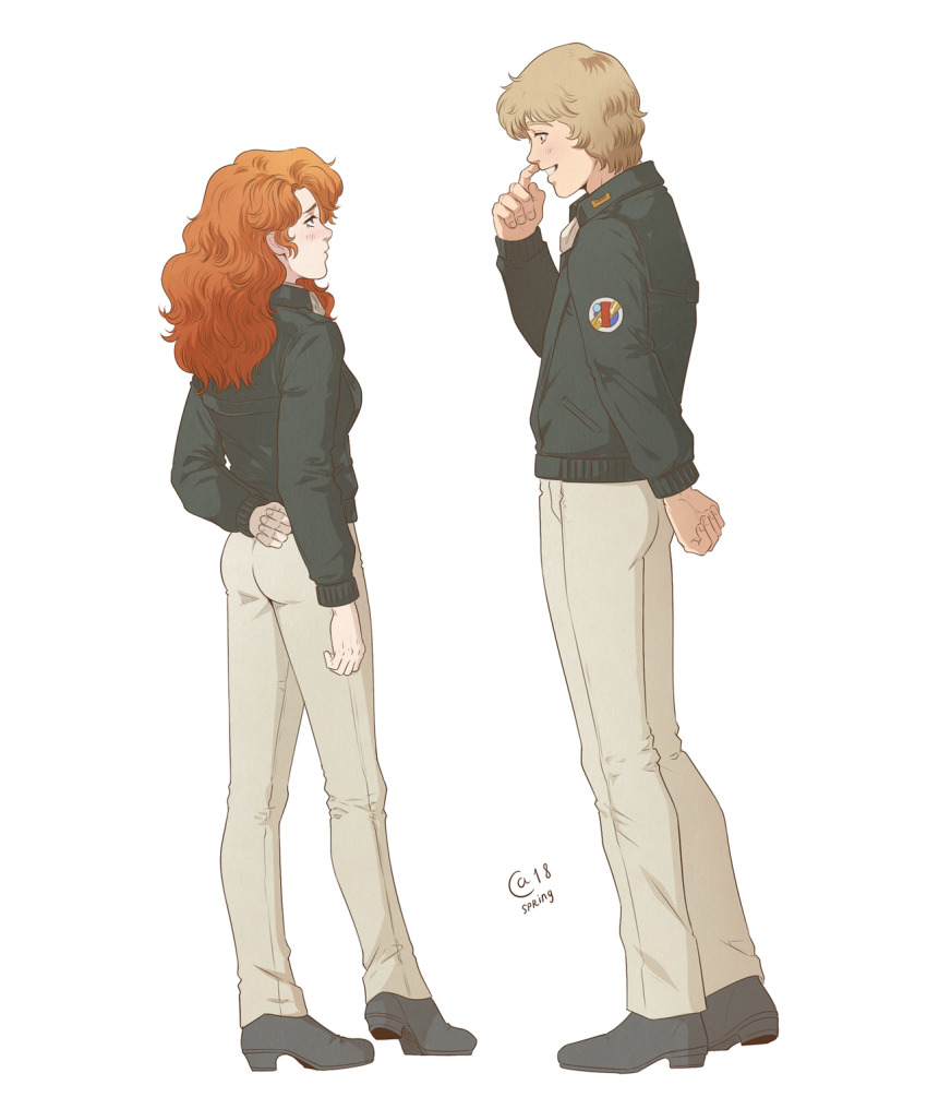 1boy, 1girl, arm_behind_back, autumn-sacura, beige_pants, black_boots, black_jacket, blonde_hair