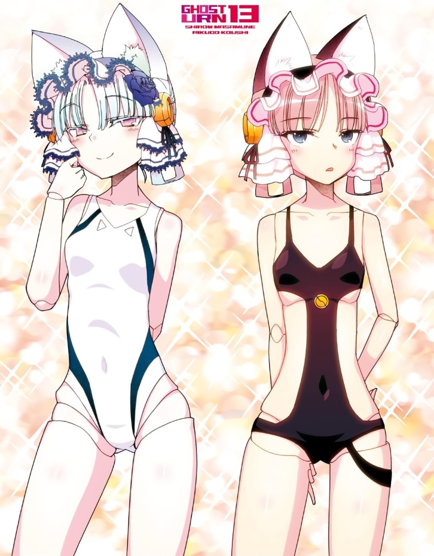 2girls, android, animal_ears, black_flower, black_rose, black_one-piece_swimsuit, blue_eyes, breasts
