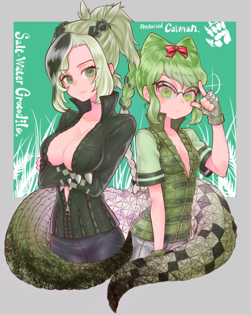 2girls, adjusting_eyewear, arms_under_breasts, bad_id, bad_twitter_id, braid, breasts, character_name