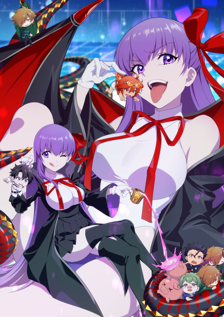 1girl, 3girls, 6+boys, absurdres, ahoge, bare_shoulders, bat_wings, bb_(fate)