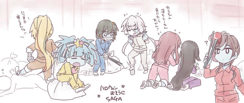 6+girls, bandages, black_hair, blonde_hair, blue_hair, brown_hair, can, hoshikawa_lily