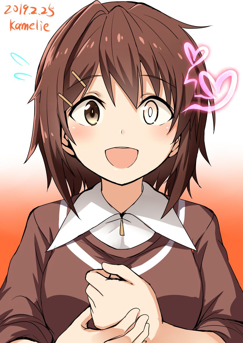 1girl, artist_name, brown_hair, brown_sweater, commentary_request, dated, dress_shirt, female_focus