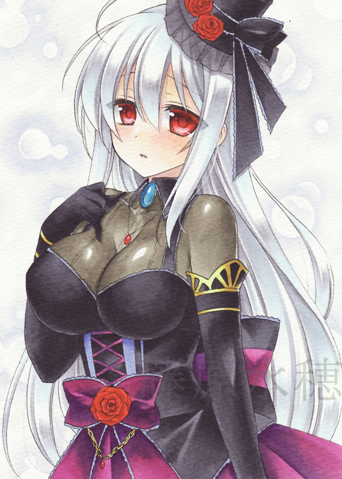 1girl, back_bow, black_gloves, black_hat, black_ribbon, bow, corset, elbow_gloves