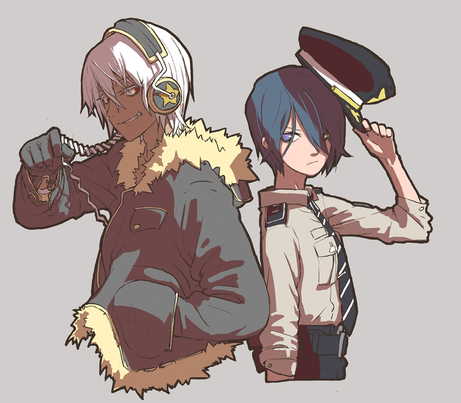 2boys, 999knight, albert_(park_ssi-yu_daegi), black_hair, blue_eyes, choe_sun-gyeong, coat, dark-skinned_male, dark_skin, epaulettes, grey_background, hair_between_eyes, hair_over_one_eye, hat, headphones, looking_at_another, male_focus, multiple_boys, necktie, park_ssi-yu_daegi, police, police_uniform, red_eyes, sharp_teeth, simple_background, teeth, unworn_hat, unworn_headwear, white_hair