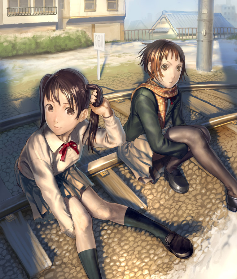 2girls, multiple_girls, nao, nao_(artist), pantyhose, railroad_tracks, rails, scarf