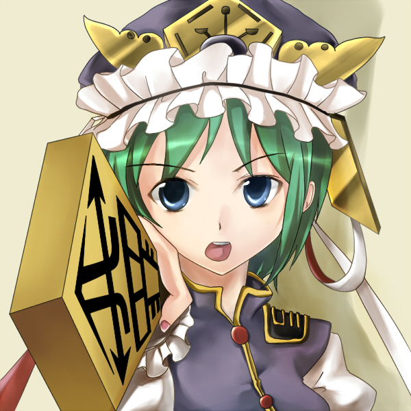 1girl, blue_eyes, chikuwa_coffee_(milk_soda), colorized, female_focus, green_hair, hat, kunisaki