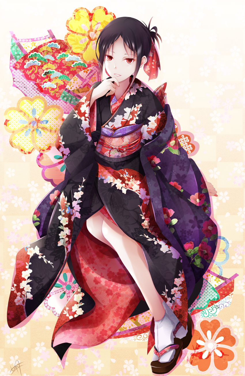 1girl, absurdres, alternate_costume, black_hair, black_kimono, female_focus, floral_print, folded_ponytail
