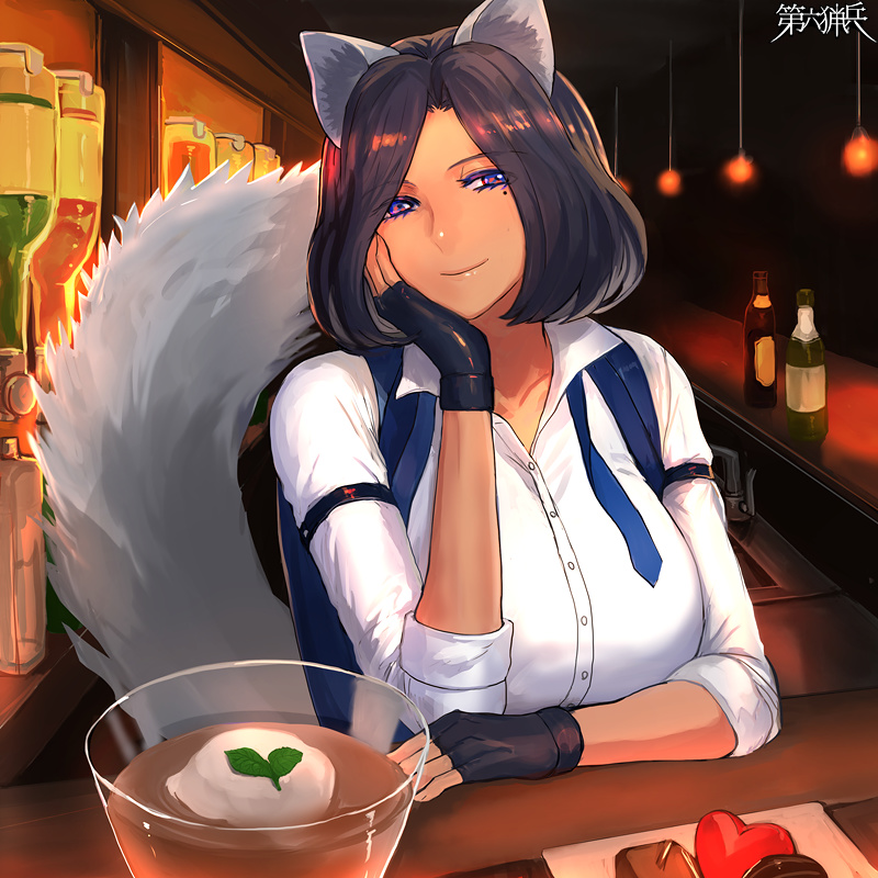 1girl, animal_ears, bar_(place), belladonna_bertinelli, black_gloves, black_hair, blue_ribbon, bottle