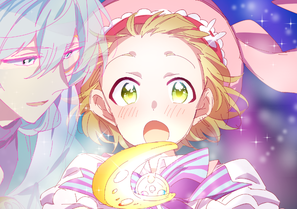 2boys, blush, brown_hair, green_eyes, hat, hazama_michio, himeno_kanon, idolmaster