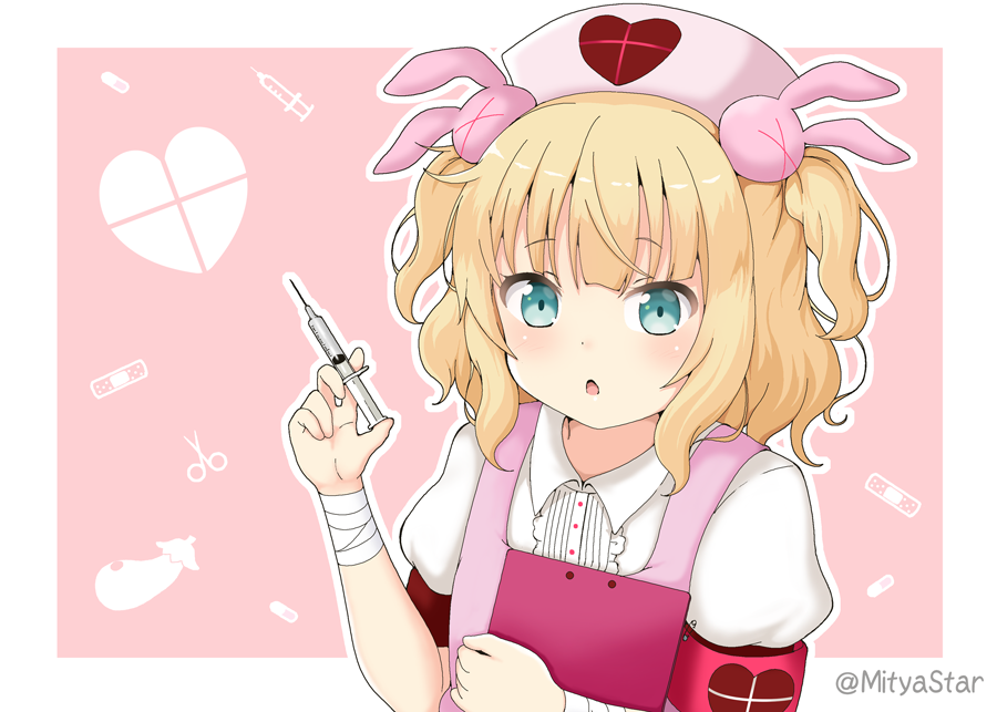 >_<, 1girl, :o, apron, bandaged_arm, bandages, blonde_hair, brown_background