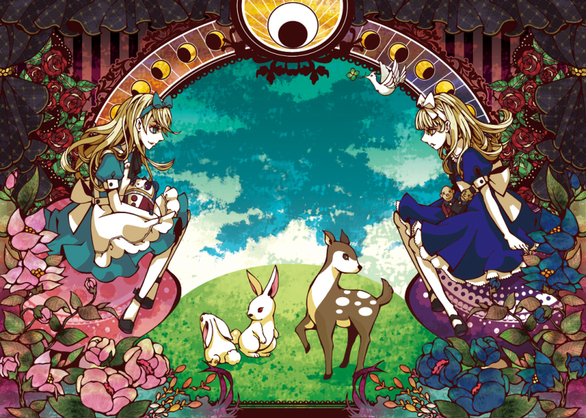 1boy, 1girl, alice's_adventures_in_wonderland, alice_(alice_in_wonderland), alice_(alice_in_wonderland)_(cosplay), alice_(megami_tensei), apron, art_nouveau, atlus, belial_(megami_tensei), blonde_hair, blue_eyes, character_doll, cosplay, crossdressing, deer, demon_(megami_tensei), doll, dress, flower, hair_ribbon, imatomo_mahya, kuma_(persona_4), long_hair, nebiros_(megami_tensei), pantyhose, peony_(flower), persona, persona_4, profile, rabbit, red_flower, red_rose, ribbon, rose, sitting, trap, yellow_eyes