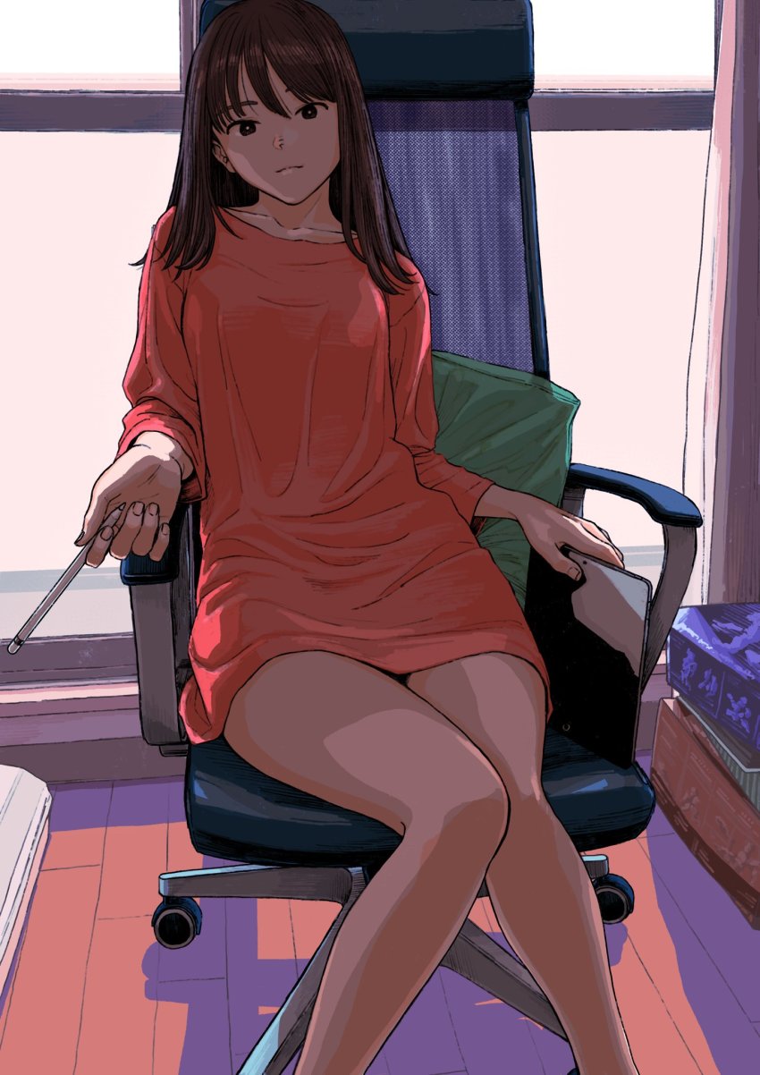 1girl, apple_pencil, backlighting, bare_legs, breasts, bright_pupils, brown_eyes, brown_hair, chair, closed_mouth, collarbone, cushion, evening, feet_out_of_frame, female_focus, fingernails, highres, holding, holding_stylus, indoors, ipad, knees_together_feet_apart, light_smile, long_sleeves, looking_at_viewer, medium_hair, mesh, office_chair, reaching, reaching_towards_viewer, sitting, solo, stylus, swivel_chair, tablet_pc, tanaka_hirotaka, white_pupils, window