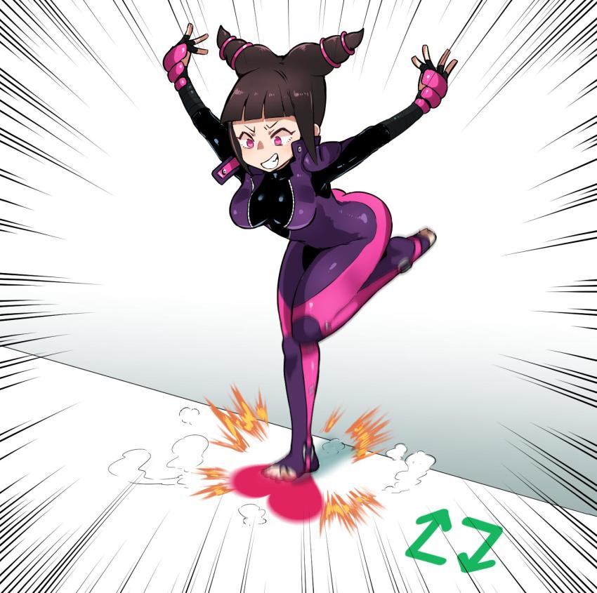 1girl, arms_behind_back, black_hair, bodysuit, bongo_cat_(meme), breasts, emphasis_lines, eye_(mememem)