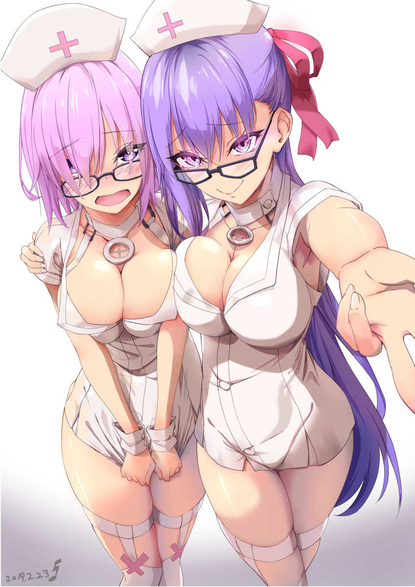 2girls, absurdres, alternate_costume, armpits, bb_(bb_shot!)_(fate), bb_(fate), bb_(fate/extra), black-framed_eyewear, blue_hair, blush, breasts, cleavage, collar, commentary_request, covering_privates, covering_crotch, dated, dress, embarrassed, fate/grand_order, fate_(series), glasses, gradient_background, hair_over_one_eye, hair_ribbon, hand_on_another's_shoulder, hat, highres, kurihara_kazuake, large_breasts, looking_at_viewer, mash_kyrielight, multiple_girls, nail_polish, nose_blush, nurse, nurse_cap, open_mouth, outstretched_arm, pink_hair, pink_ribbon, purple_eyes, ribbon, short_dress, short_hair, short_sleeves, skindentation, thigh_strap, thighhighs, white_background, white_dress, white_legwear, white_nails