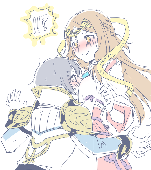 1boy, 1girl, armor, black_hair, blue_eyes, blush, breasts, collarbone