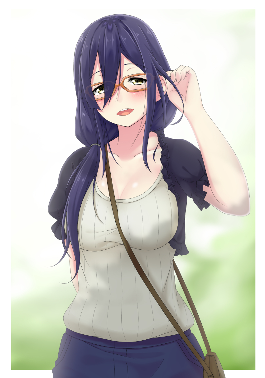 1girl, absurdres, adjusting_eyewear, anime-gataris, bag, blue_pants, blurry, blurry_background