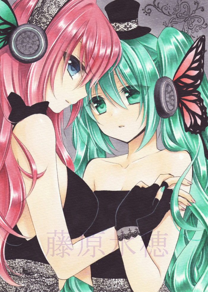 2girls, aqua_eyes, aqua_hair, aqua_nails, arm_grab, bare_arms, bare_shoulders, black_bow