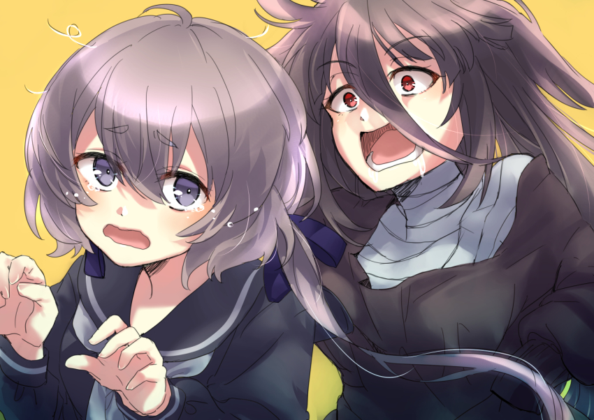 bandages, black_dress, black_hair, black_sailor_collar, chasing, crying, crying_with_eyes_open, dress