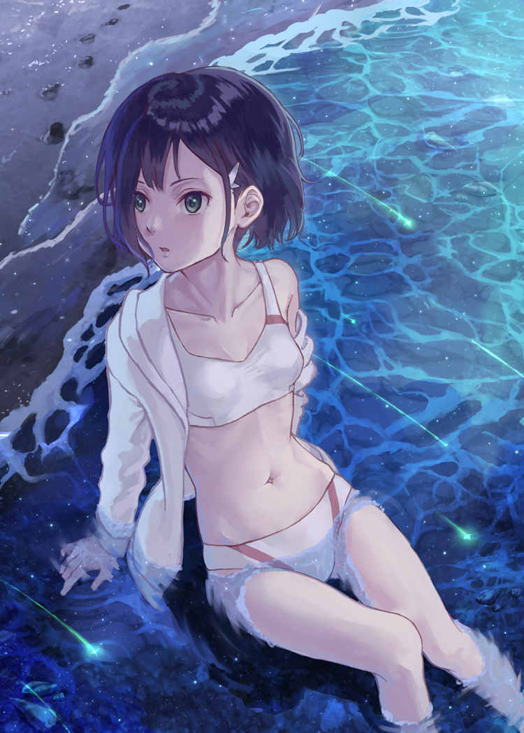 1girl, bad_id, bad_pixiv_id, beach, bikini, black_hair, breasts, cleavage, collarbone, darling_in_the_franxx, female_focus, footprints, green_eyes, groin, hair_ornament, hairclip, ichigo_(darling_in_the_franxx), jacket, navel, off_shoulder, open_clothes, open_jacket, open_mouth, outdoors, print_bikini, roki_(0214278), short_hair, sitting, small_breasts, solo, sports_bikini, swimsuit, water, white_bikini, white_jacket