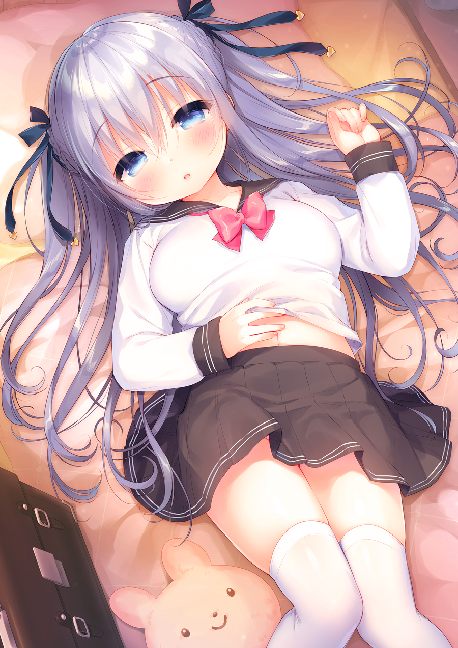 1girl, :o, bed_sheet, black_sailor_collar, black_skirt, blue_eyes, blue_ribbon, blush