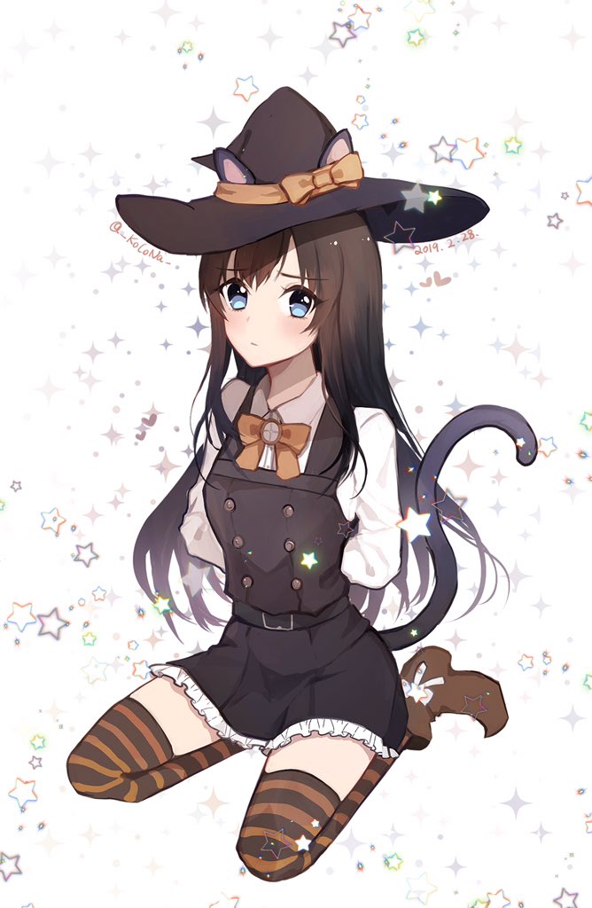 1girl, animal_ears, arms_behind_back, asashio_(halloween)_(kancolle), asashio_(kancolle), black_hair, blue_eyes, bow