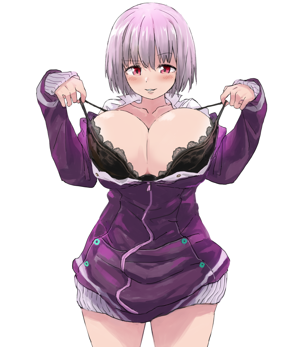 1girl, bad_id, bad_pixiv_id, black_bra, blush, bra, breasts, cleavage